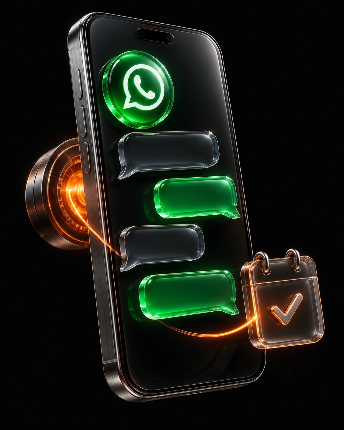 Celular de vidro e grafite com s?mbolo do WhatsApp, bal?es de conversa e um calend?rio conectado por luz laranja, representando um agente de IA que atende e agenda.